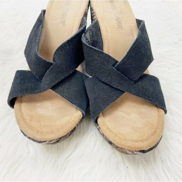 Minnetonka Wedge Sandals Size 7.5 Women Black Suede Platform Aztec Tribal - Picture 3 of 9